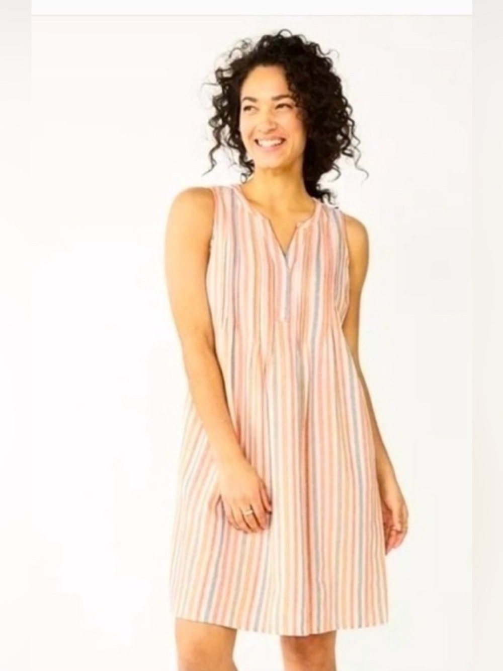 Sonoma linen Sleeveless pull on Dress in Peach, Cream and Gray Stripes Small
